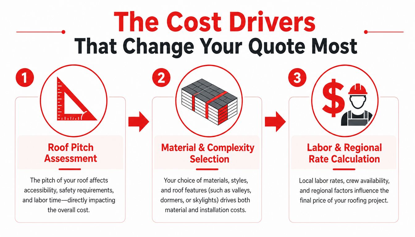 An infographic showing the three main cost drivers that impact your total average roof replacement cost.