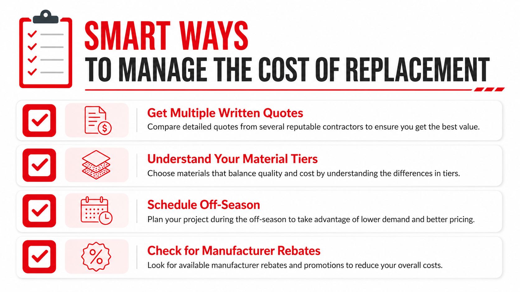 A checklist infographic titled Smart Ways to Manage the Cost of Replacement illustrating money-saving tips.