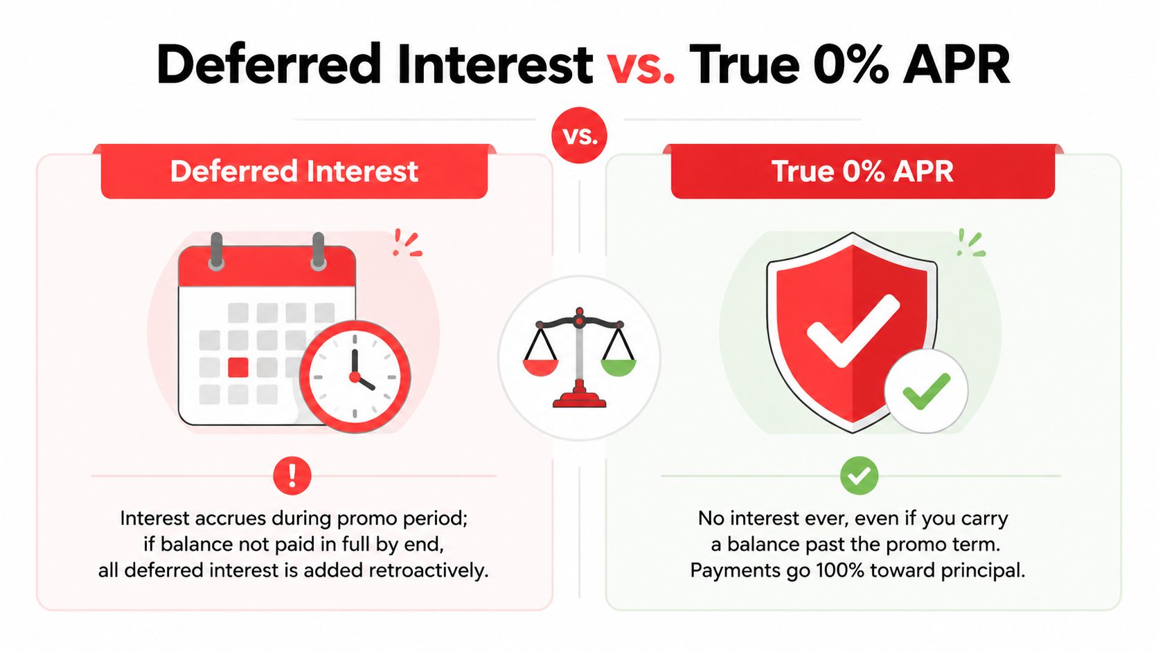 A comparison infographic between deferred interest and true zero percent APR financing for consumer credit products.