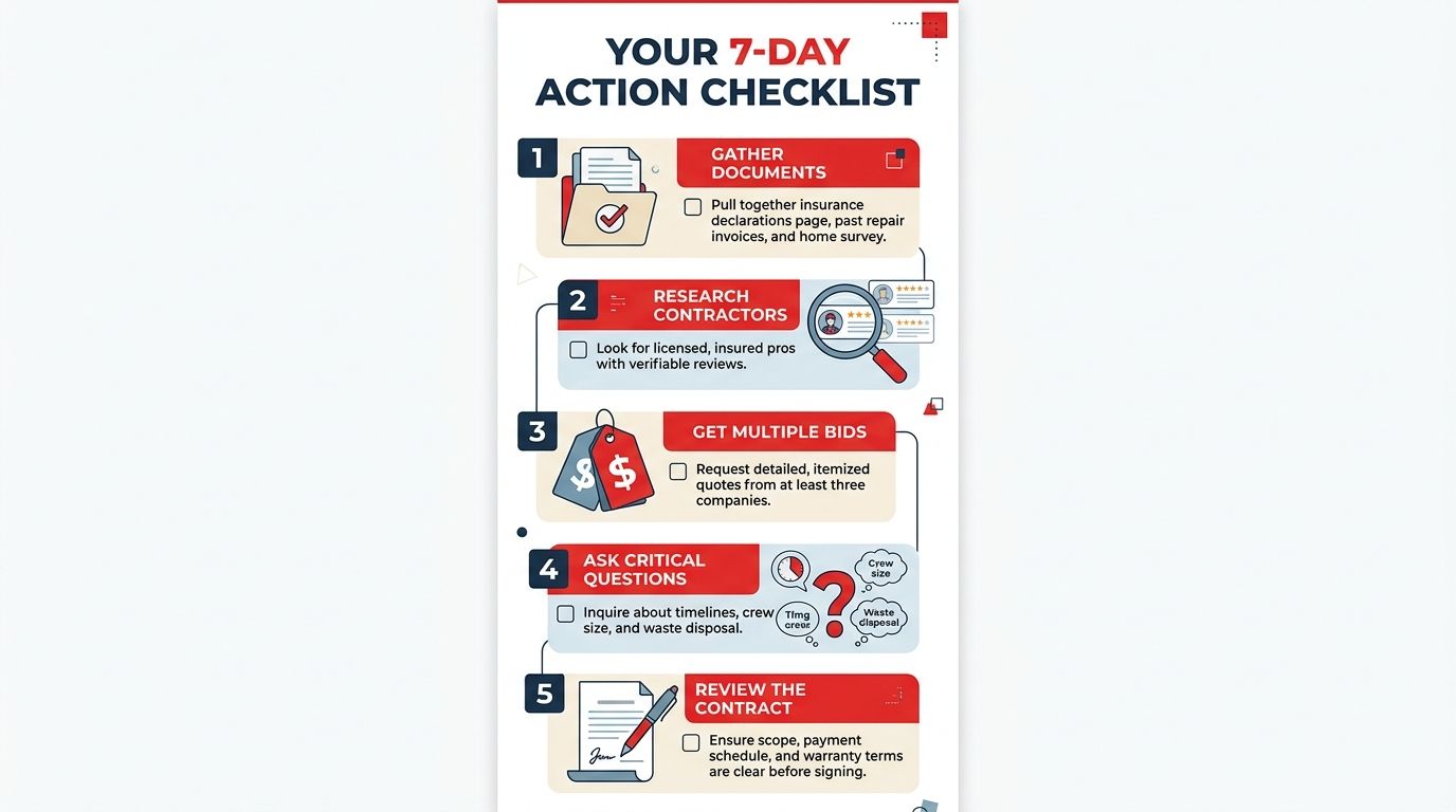 A 7-day action checklist infographic for homeowners planning a residential roof replacement project.