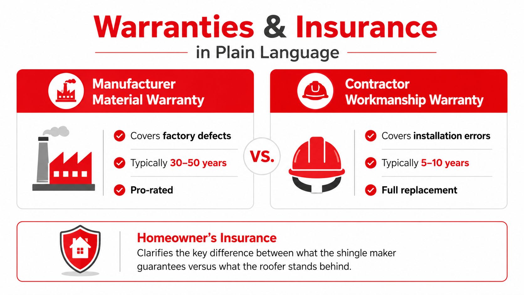 A comparison chart explaining the differences between manufacturer material warranties and contractor workmanship warranties for roof replacement projects.