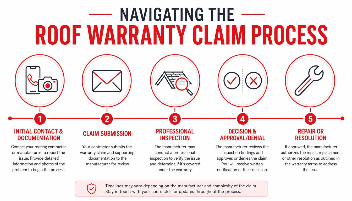 A five-step infographic explaining the roof warranty claim process, from initial contact to final repair.