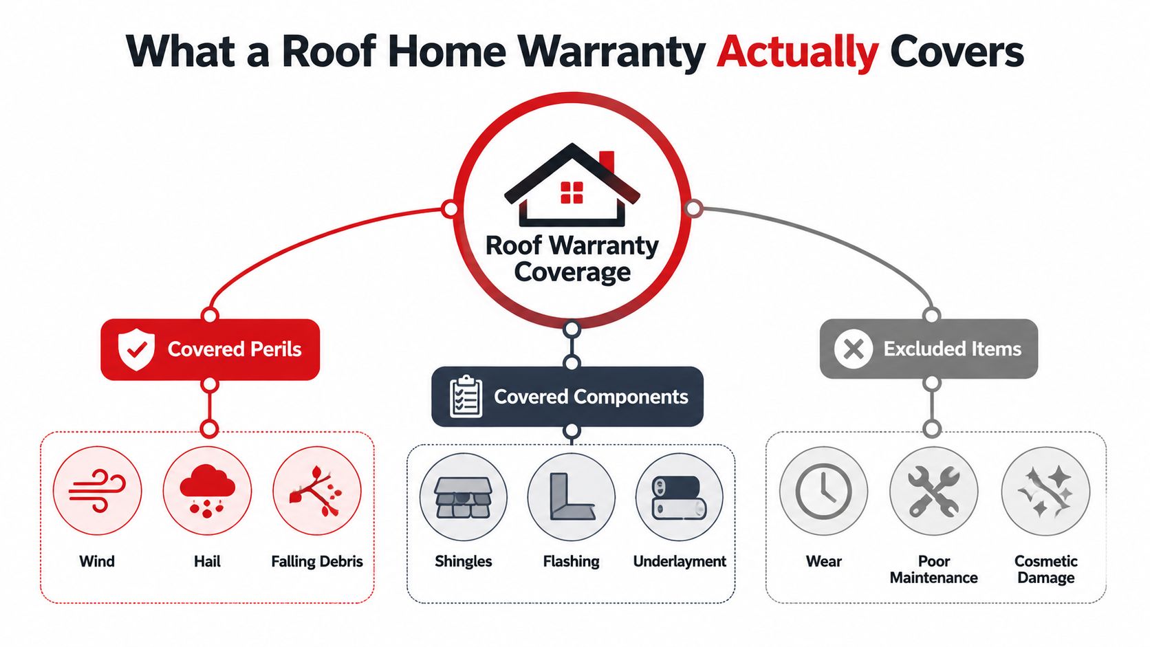 A diagram outlining the coverage, components, and exclusions typically found in a roof home warranty policy.