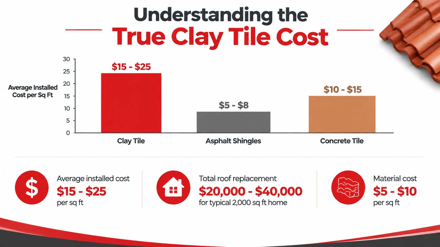 A bar chart comparing the average installed cost per square foot for clay tiles, asphalt shingles, and concrete tiles.