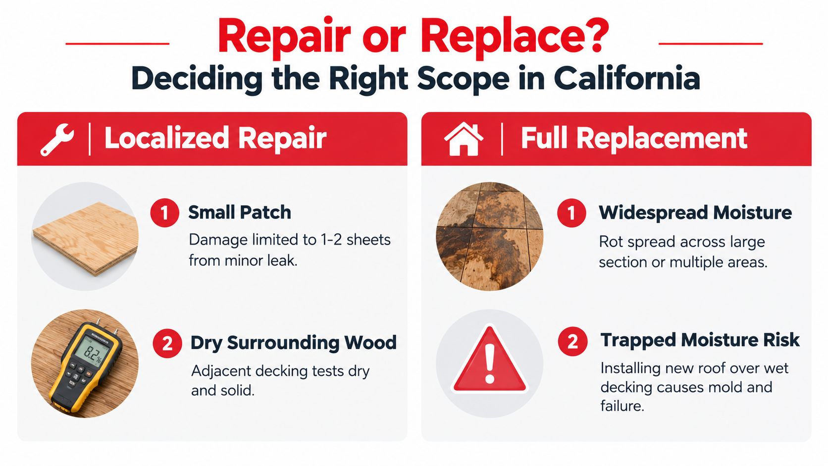An infographic comparing localized roof repair and full replacement for damaged roof decking in California homes.