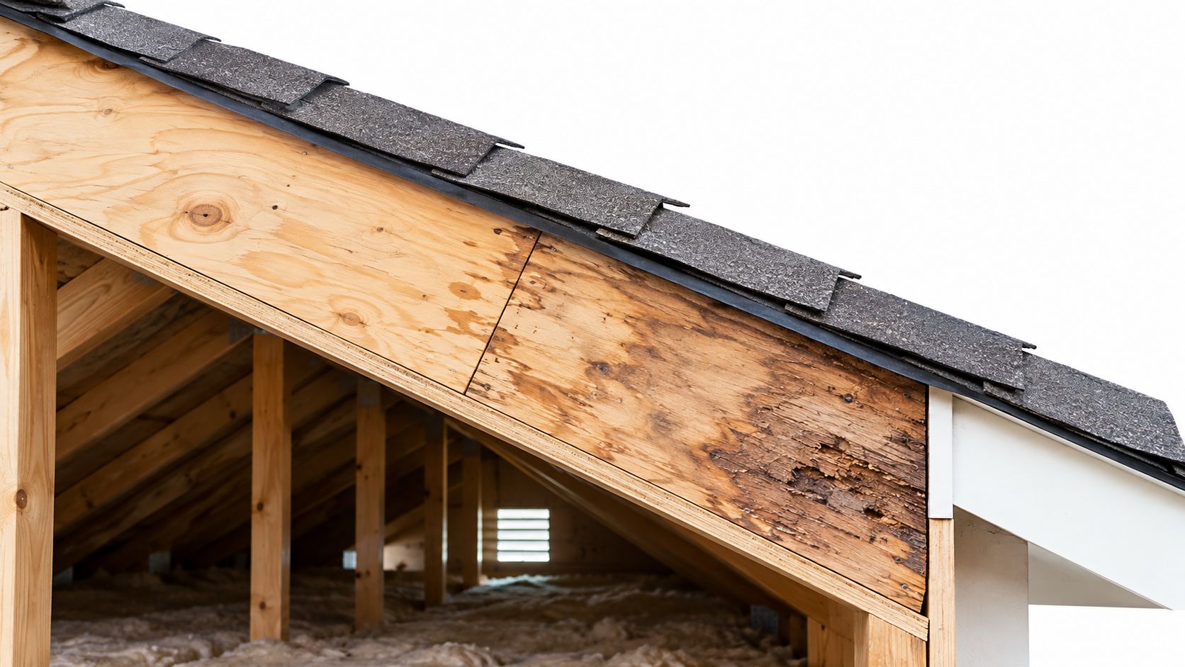A close-up view of damaged roof decking on an unfinished attic with visible water rot and decay.