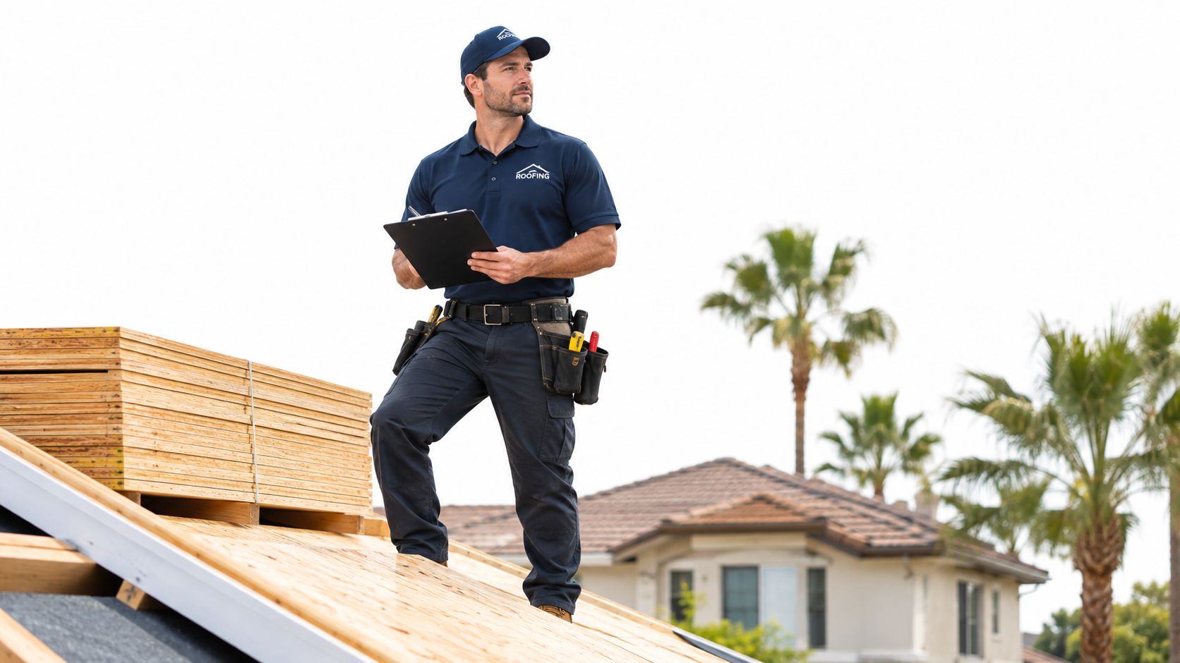 A professional roofer in uniform stands on a roof deck holding a clipboard for inspection.