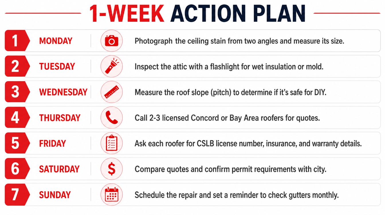 A 1-week action plan infographic guiding homeowners through the process of assessing and repairing roof damage.