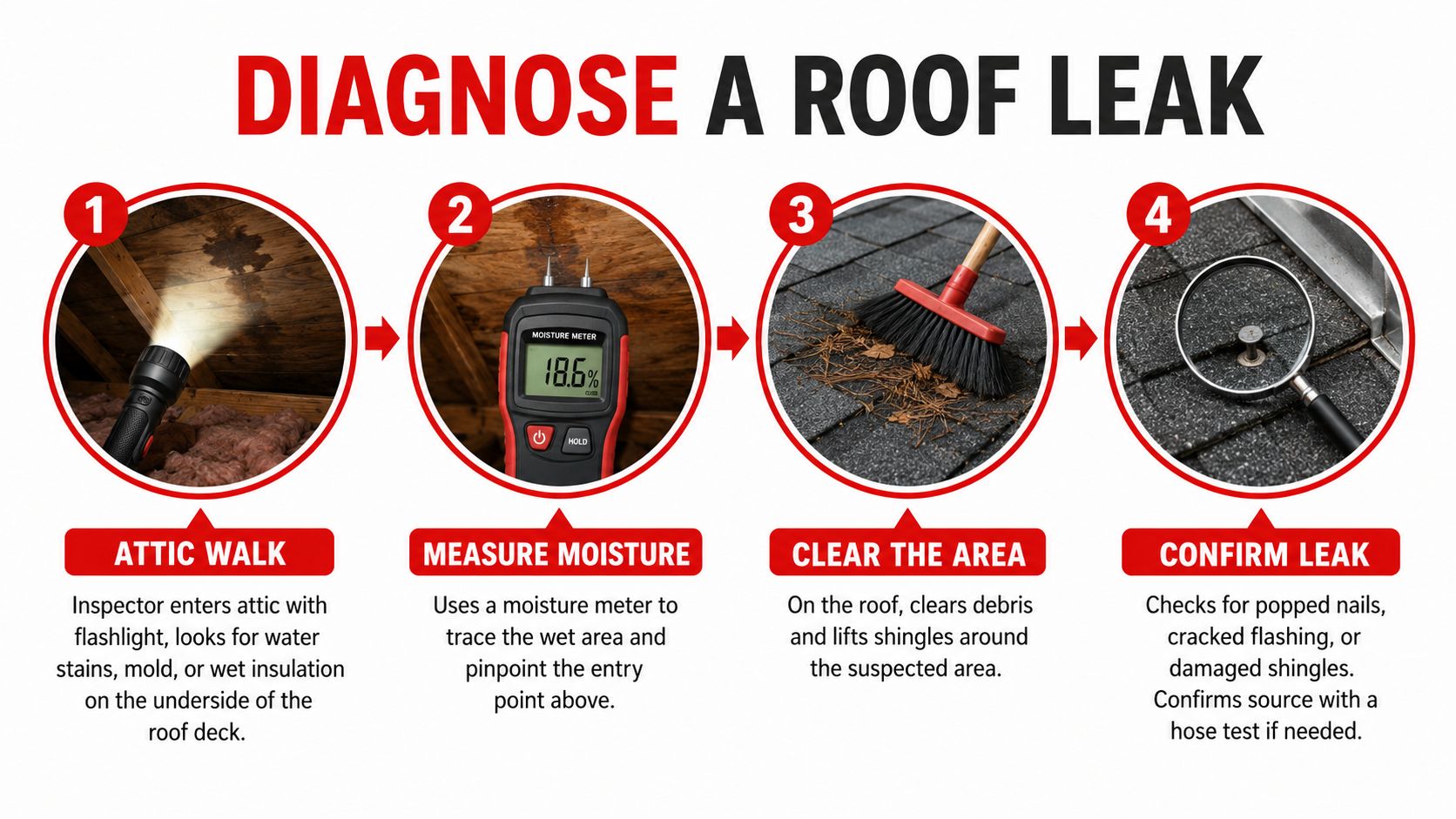 A four-step infographic illustrating how to diagnose a residential roof leak by checking the attic and roof.