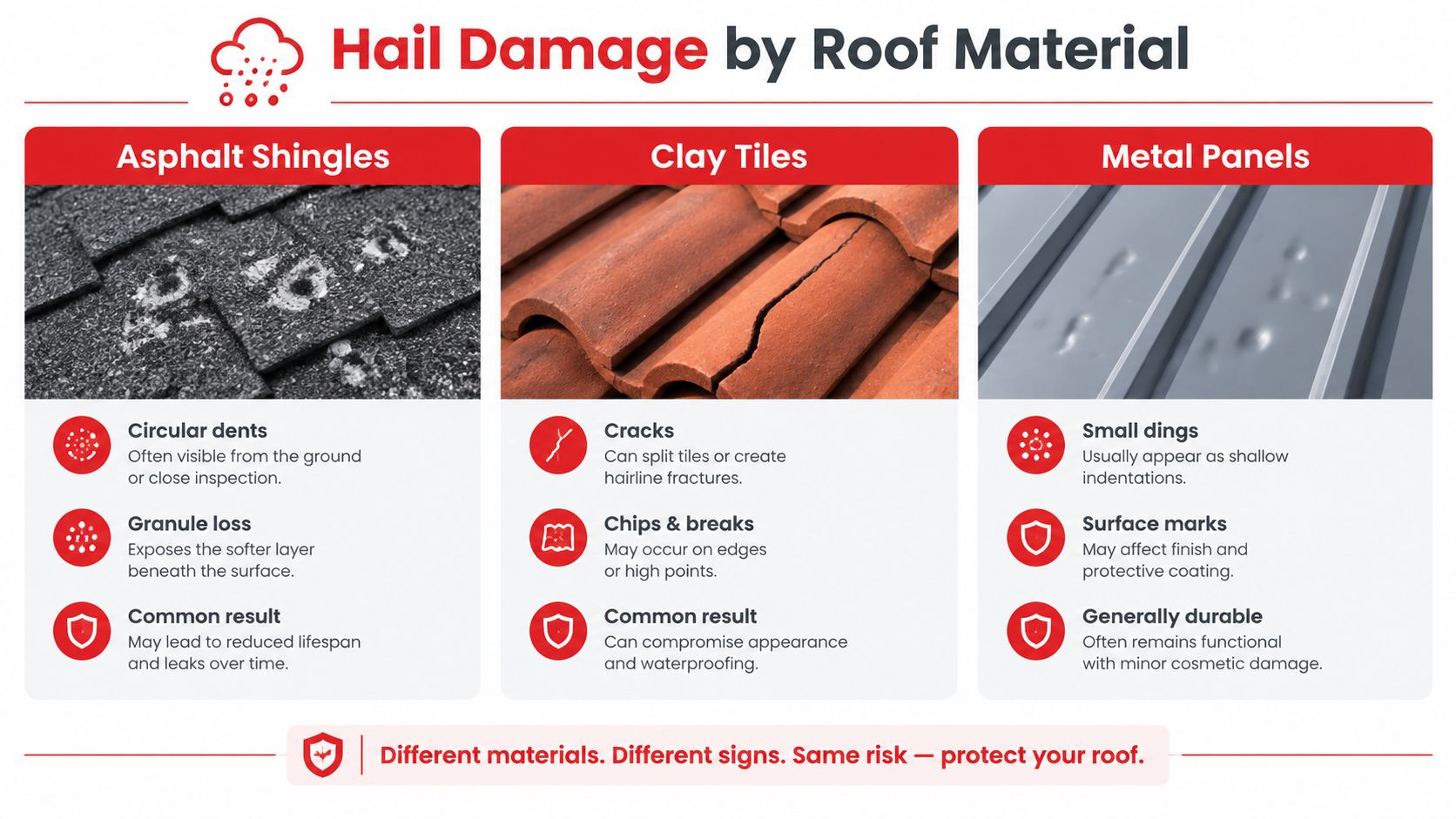 A chart detailing common signs of hail damage across asphalt shingles, clay tiles, and metal roof panels.