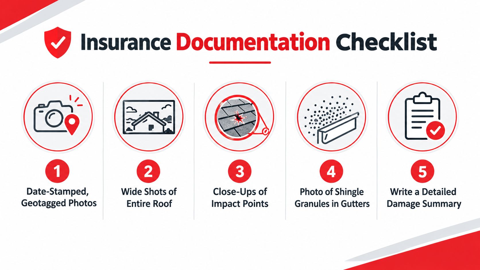 A five-step checklist for documenting roof damage with photos and reports for insurance claims.