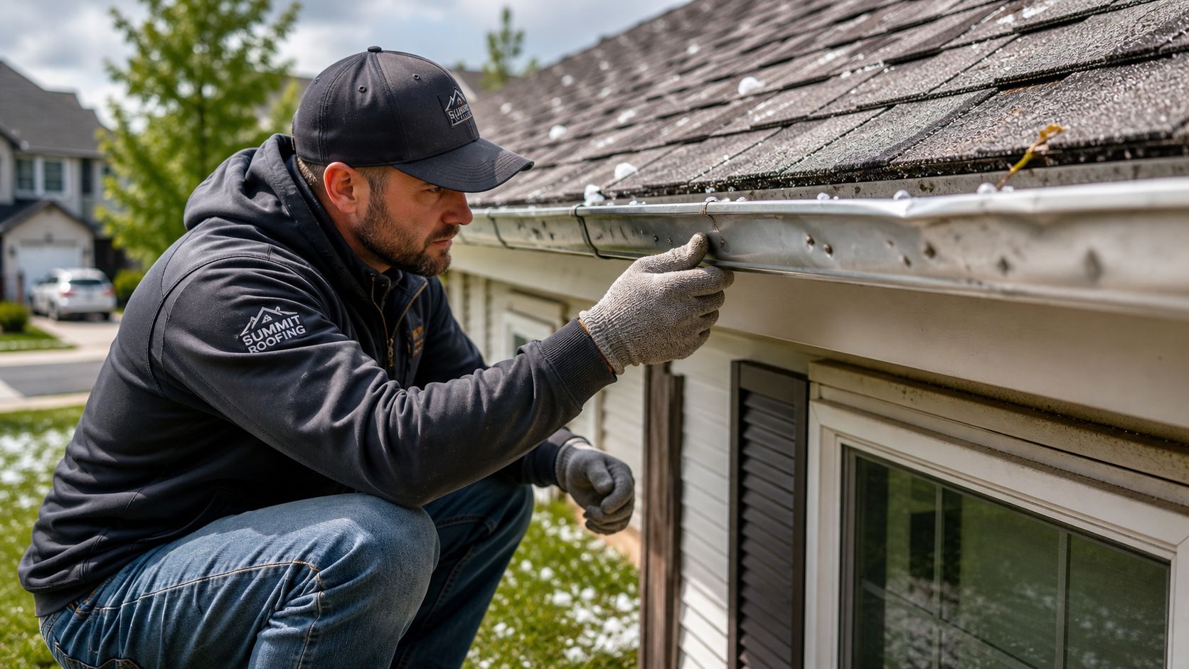 A professional roofer wearing a Summit Roofing hoodie inspecting damaged gutters after a severe hail storm.