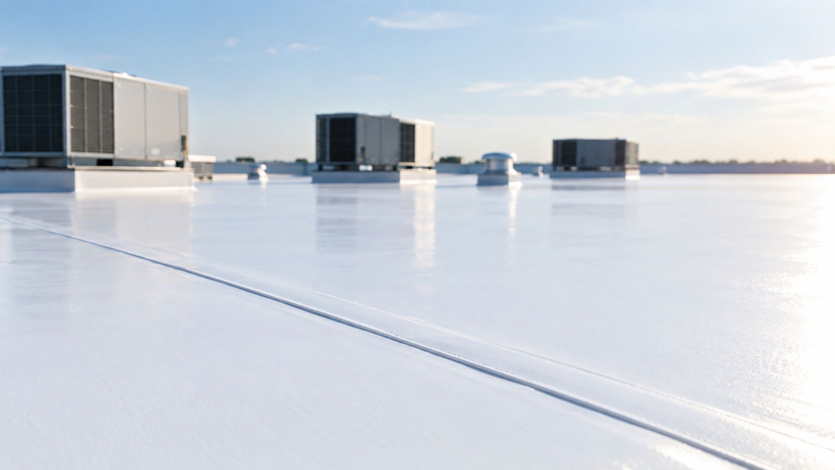 A wide angle view of a white, reflective commercial flat roof with HVAC units under clear skies.
