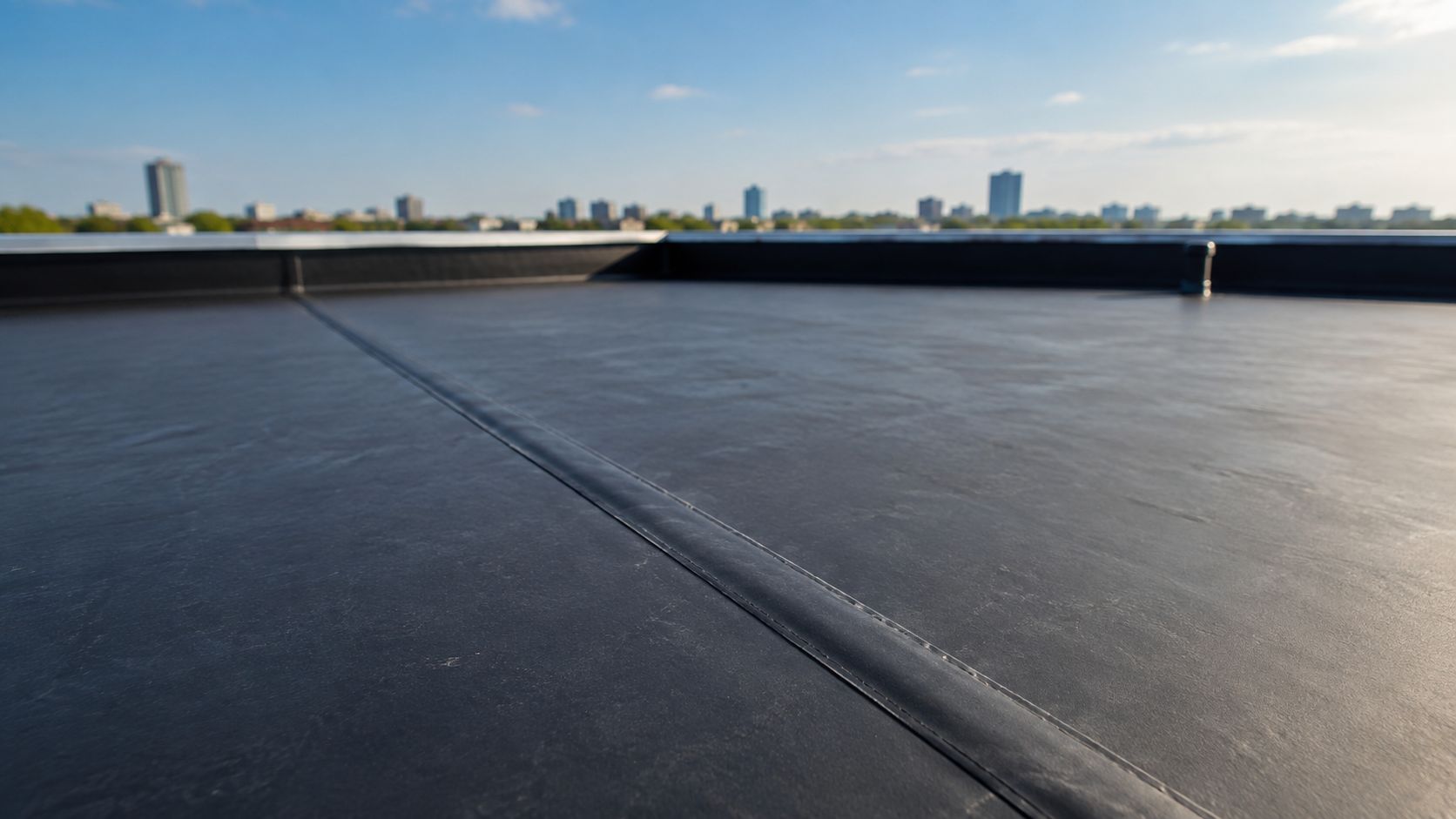 A close-up view of a black EPDM rubber flat roof surface against a sunny city skyline background.