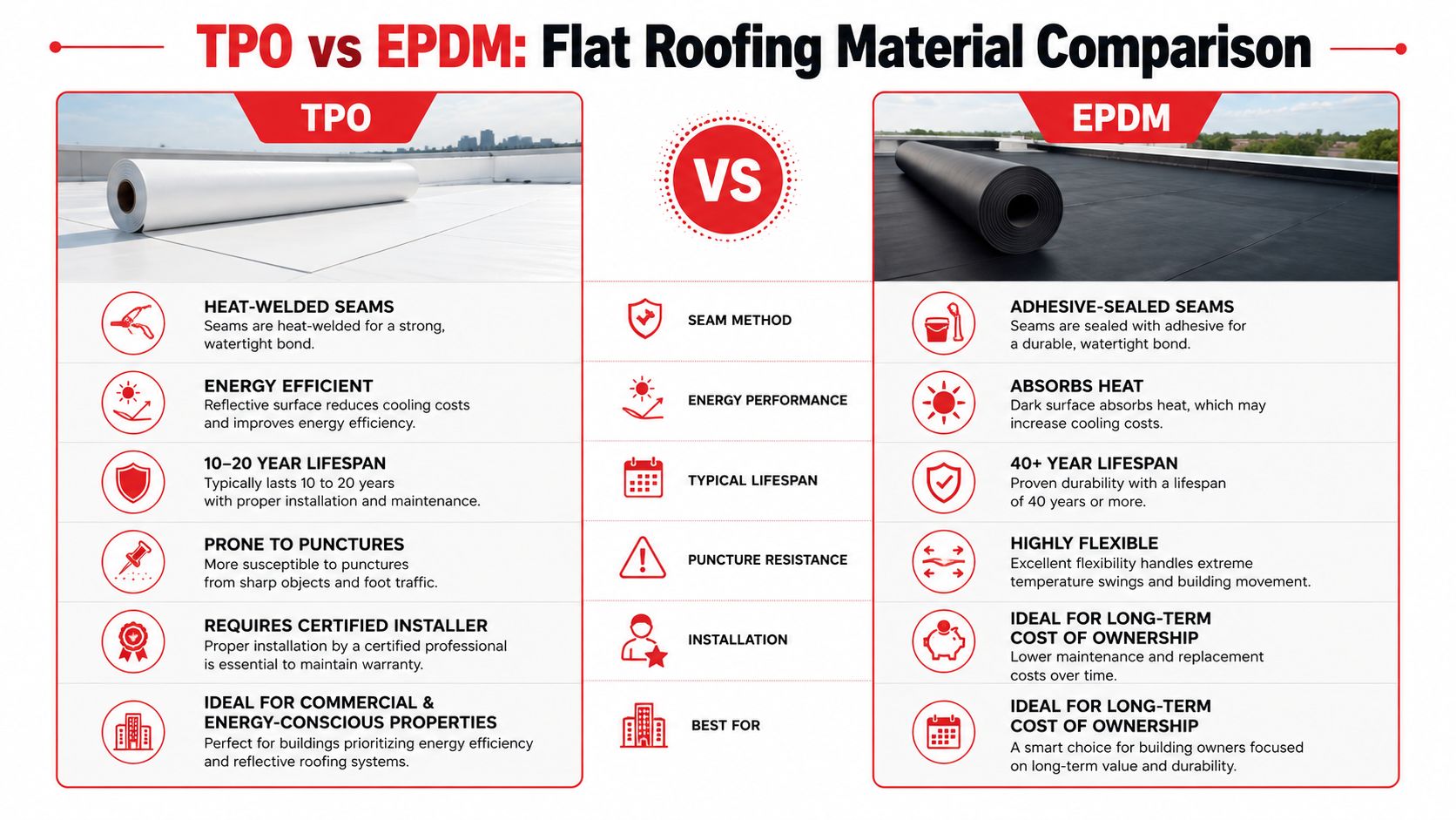 A comparison chart showing the pros and cons of TPO versus EPDM flat roofing materials.